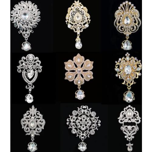 DIEZI Vintage Gold Silver Color Crystal Brooches for Wedding Women Party Dress Rhinestone Bridal Bouquet Water Drop Brooch pins