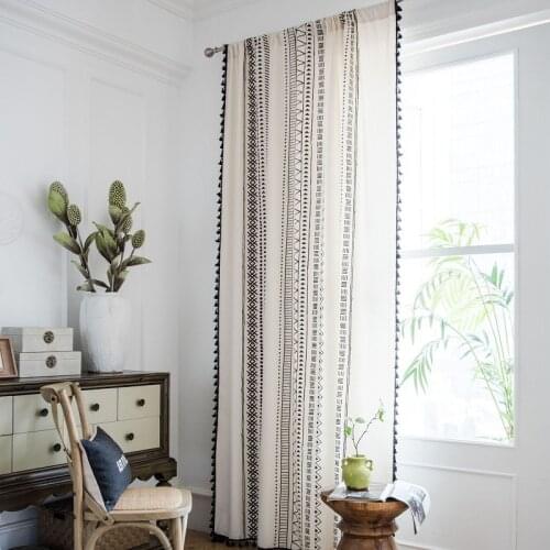 Curtain Cotton Linen Printing American Black Tassel Bohemian Style Kitchen Curtains Country Finished Window Semi-transmission