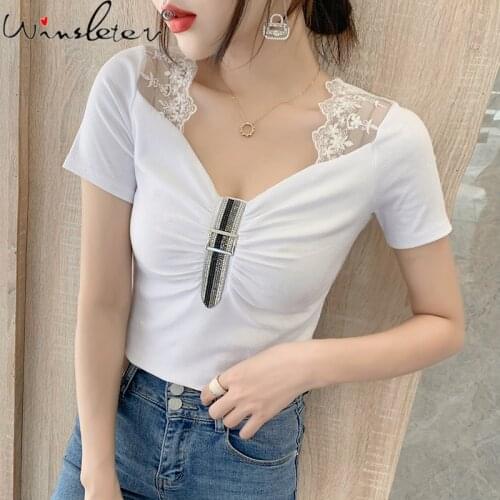 Summer European Style Cotton T-Shirt Fashion Sexy V-Neck Drape Patchwork Lace Shiny Diamond Women Tops Casual Tees 2021 T13903A