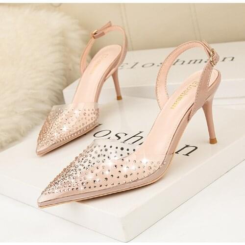Size 41 women sandals 2020 women pumps pointed shallow high heels shoes transparent rhinestone party weding sandals ladyes sheos