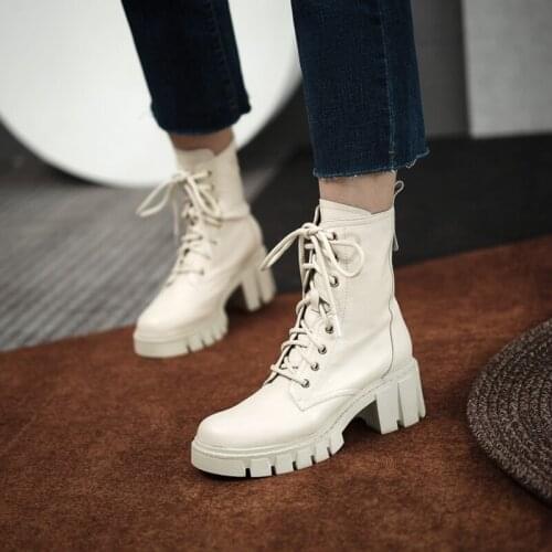 2021 Autumn Shoes Women Round Toe Platform Boots Women Genuine Leather Lace-up Winter Women Boots Black/White Motorcycle Boots
