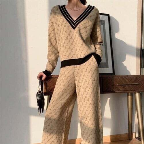 Elegant Knitting Pants Sets For Women Autumn Winter V Neck Pullovers Sweater Top + Wide Leg Pants Ladies Chic Jumpers Suits Set