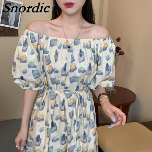 2021 Women Summer Beige Long Floral Holiday Dress Sashes Slash Neck Elastic Shoulder Maxi Pullover Sundress