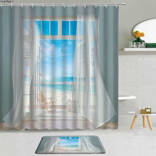 2Pcs Beach Window Sea View Shower Curtain Shell Green Vine Flowers Waterfall Landscape Bathroom Curtains Non-Slip Bath Mat Set