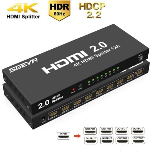 4K@60Hz HDMI Splitter 1x8 , 8 Port HDMI Splitter 1 in 8 Out Divisor HDMI 2.0 HDCP2.2 YUV 4:4:4 HDR for Xbox PS3 PS4 Sky Box etc