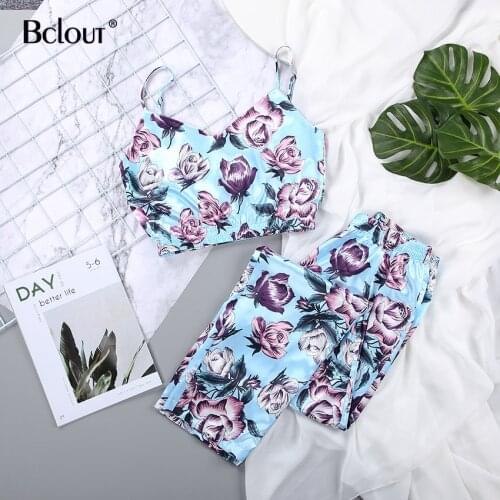 Bclout Spring Purple Rose Two Piece Set Women Sexy Top And Pants Pajamas Pattern Print Satin V-Neck Sleeveless Pyjamas Sleepwear