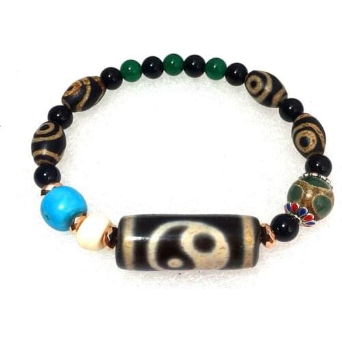 Original Tibetan characteristics agate bracelet old black 12*30mm 6eyes DZI 10mm green tortoise shell 8*12mm 2eyes