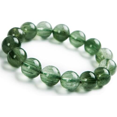 Brazil Natural Green Rutilated Quartz Crystal Bracelet Women Mens Charm Stretch Clear Round Bead Bracelet 14mm