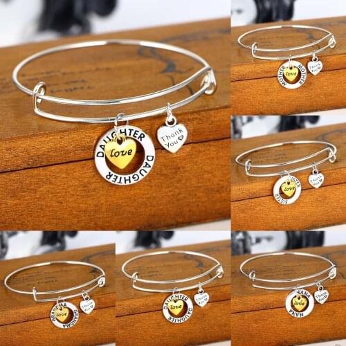 Love Heart Bangle Mother Father Grandma Daughter Pendant Bracelet Thank you Family Women Men Female Male Gifts