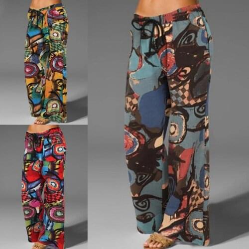 Women Long Pants Bohemian Floral Print Wide Leg Printing Bottoms High Waist Drawstring Casual Vintage Long Trousers Streetwear