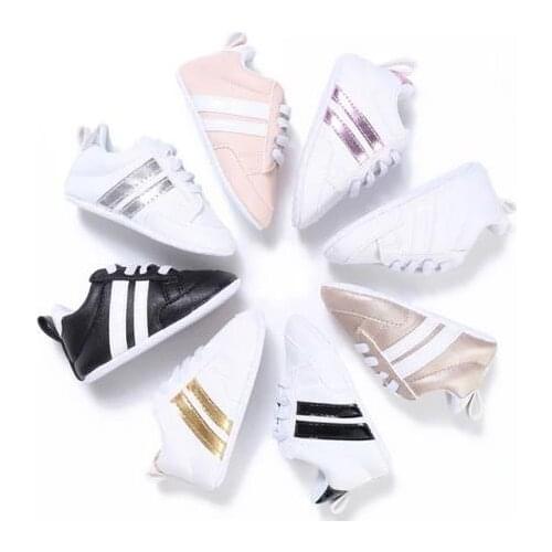 Baby Shoes Newborn Boys Sneaker Girls Two Striped First Walkers Kids Toddlers Lace Up PU Leather Soft Soles Sneakers