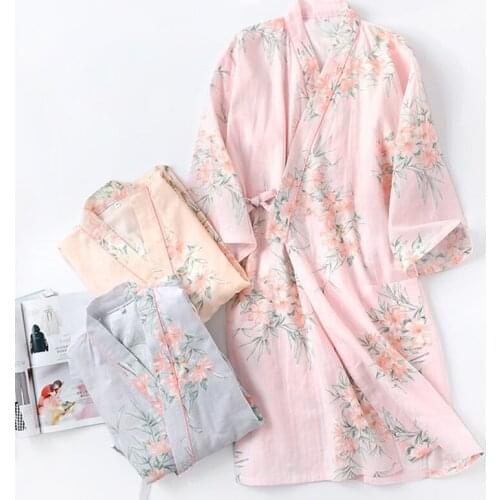 Cotton Kimono Bathrobe Nightgown Womens Japanese Style Long Nightgown Flower Lingerie Sweat Steam Clothing Spring Summer