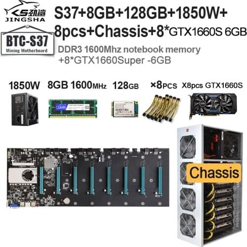 S37 Mining Motherboard Kit with 8GB DDR3 RAM 1850W Power Supply 128GB MSATA 8*Power Cable 8*GTX1660-SUPER Video Card and Chassis