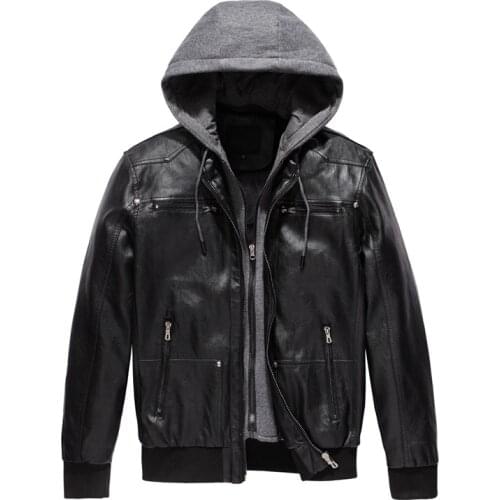 Plus Velvet New Fashion Faux Leather Winter Mens Jacket with Removable Hood Motorcycle Casual Vintage Coat