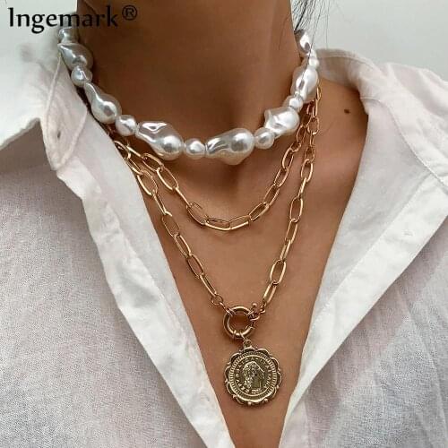 Multilayer White Baroque Pearl Choker Necklace Collares Punk Boho Carved Coin Queen Pendant Long Chain Necklace Women Jewelry