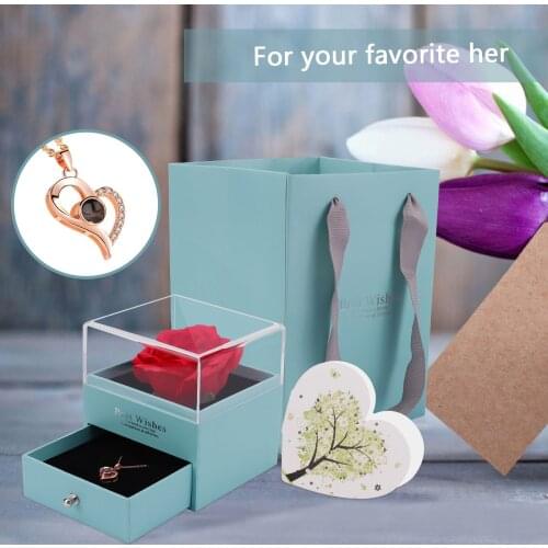 Behogar Eternal Rose Jewelry Gift Box with Heart-shaped Necklace Greeting Card Fashion Gift for Mother Wife Birthday Anniversary