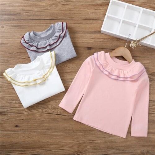 New Autumn Spring Toddler Baby Girls T Shirt Top Long Sleeve Sweet Ruffles Pullover Pink White Gray Blouse Outfit 2-7Y Wholesale