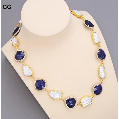 GuaiGuai Jewelry Natural White Keshi Pearl Glod Color Plated Peach Hearts Blue Sodalites CZ Paved Necklace For Women