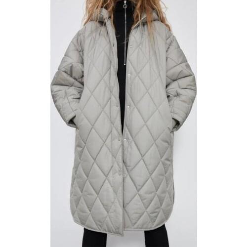 Grey Grid Parkas Cotton Coat 2021 New Single-breasted Pocket Solid Loose Quilted Coats Vintage Pullover Winter Jacket Women