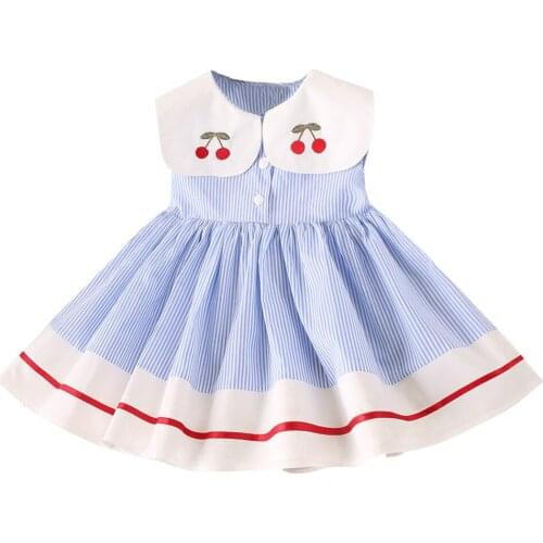 Toddler Baby Girls Dress Summer A-Line Sleeveless Cherry Stripe Print Cotton Kids Clothes Princess Dresses for 2-7Y Baby Girls