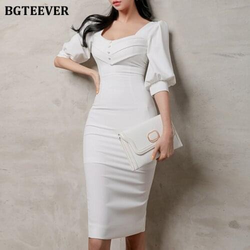 BGTEEVER Chic Office Ladies Slim Waist Bodycon Dress Square Collar Half Sleeve Female Pencil Dress 2021 Summer Women Vestidos