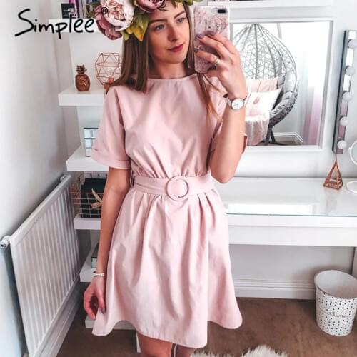 Simplee High waist women short dress Belt batwing sleeve female summer dress Streetwear lady o-neck chic solid pink casual dress
