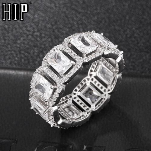 Hip Hop Popular Baguette Tready Bling Iced Out Copper Zircon Ring For Men Women Jewelry