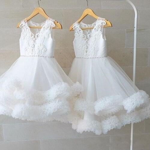Real Pictures Puffy Flower Girl Dresses for Wedding Knee Length V neck Girls Birthday Party Gown Pageant Dress Custom Made