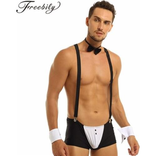 Sexy Gentleman Mens Lingerie Male Exotic Panties Bow Tie Tuxedo Mens Groom Tuxe Briefs with Shoulder Straps Collar and Bracelets