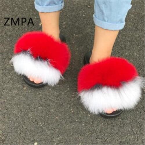 Womens/Childrens Summer Real Fox Fur Slides Ladies/Kids Fluffy Fur Slippers Woman Cute Plush Fox Hair Sandals Furry Flip Flops