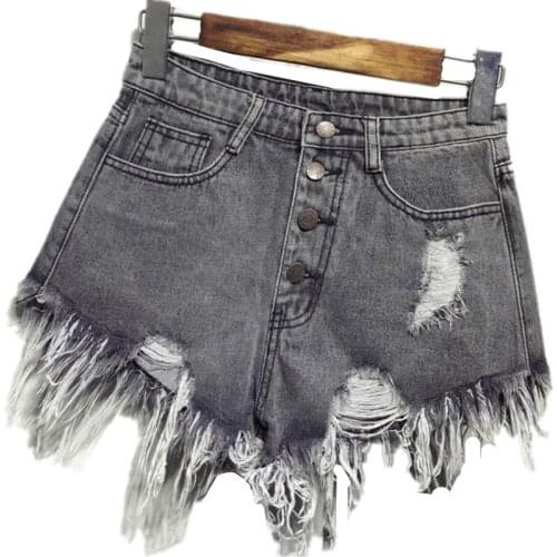 B2387 2020 new summer students women show thin broad leg hair edge tide High waist hole denim shorts cheap wholesale