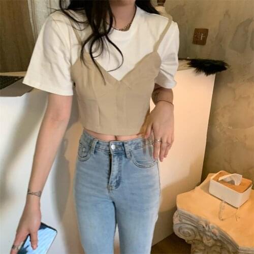 Tops New Summer Design Sense Niche Fake Two-piece Short-sleeved T-shirt Short Fashionable Thin Top for Women