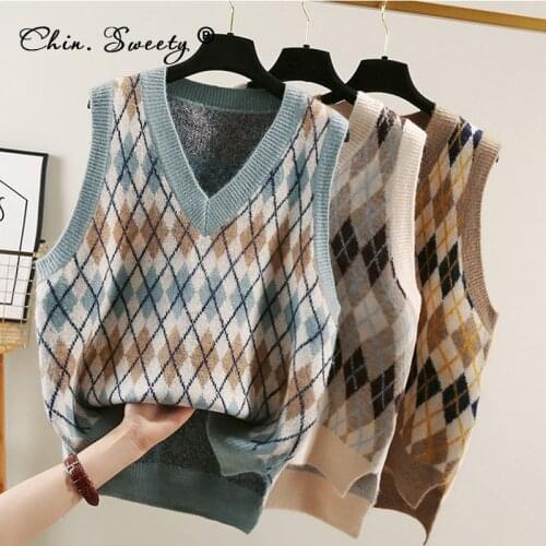 Argyle Knitted Plaid Womens Vest 2021 Spring Korean Preppy Style V-neck Sleeveless Sweater Female Vests Fashion Ladies Pullover