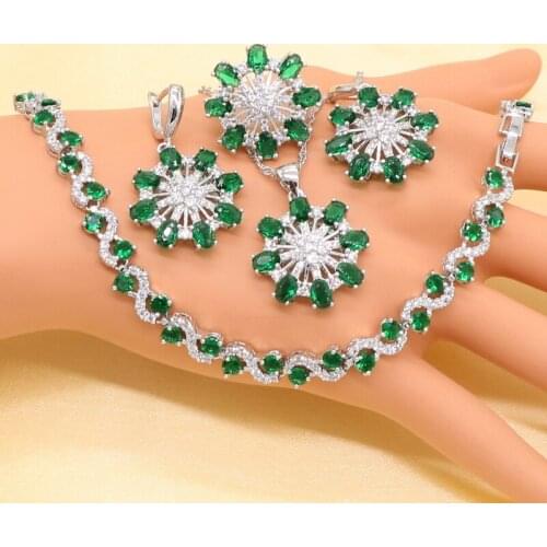 XUTAAYI Silver Wedding Jewelry Sets For Women Flower Shape Green Zircon Bracelet Earrings Necklace Pendant Ring Gift Box