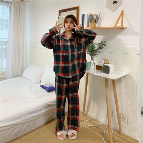 Green Christmas Plaid Autumn Pajamas Set Women Cotton Single Breasted Shirts + Trousers Set Two Piece Home Suit Sleepwear
