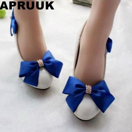Blue bow wedding shoes for woman high heels or custom make heels for brides bridesmaid party dress shoe white PR654