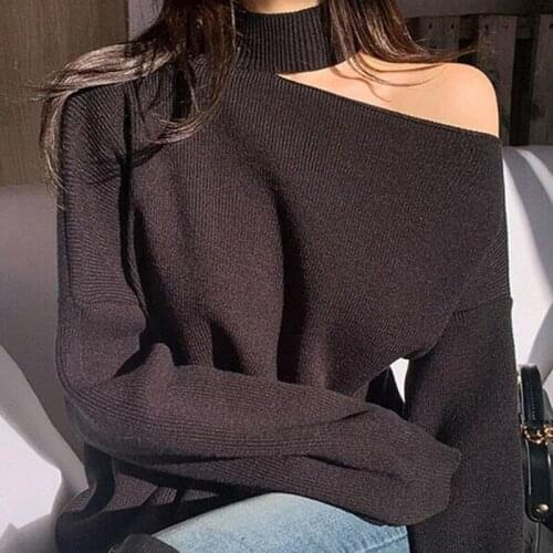 Women Knitted Pullover Winter Femme Casual Solid Female Sweater Jumpers Turtleneck Off-The-Shoulder Loose