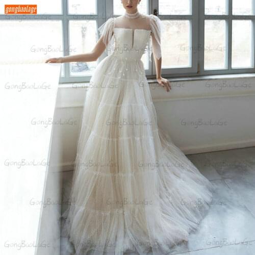 Bohemian Ivory Wedding Dress 2021 White vestido de novia Custom Made trouwjurk High Neck Beading Tulle A Line Bridal Gowns Women