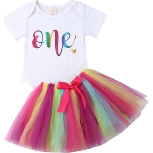 2pcs SummerNewborn Baby Girls Rainbow Romper Bow-knot Tutu Skirt Outfits Clothes Cotton Baby Girls Clothes O-neck Short Sleeve
