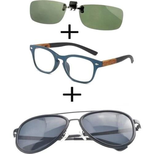 3Pcs!!! Comfortable Wood Squared Frame Reading Glasses Men Women + Alloy Polarized Sunglasses Pilot Driving + Sunglasses Clip