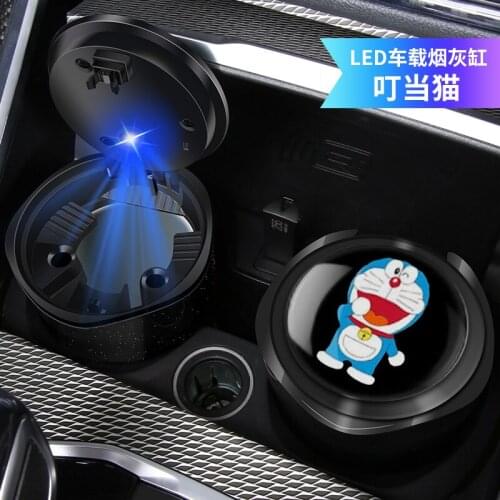 Car LED Ashtray Doraemon LOGO Metal Iiner Starry Sky Shell Car Ashtray Car Interior Accessories