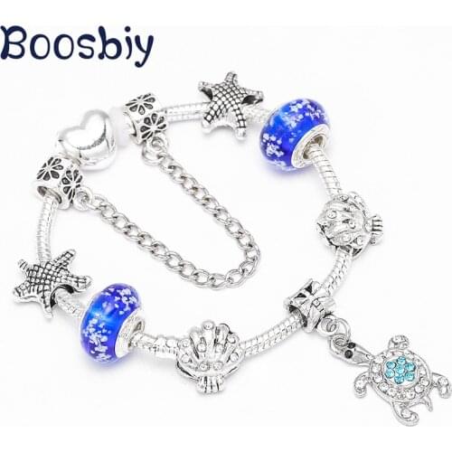 Boosbiy Ocean Style Blue Crystal Beads Charm Bracelet With Cute Tortoise Pendant Fit Fine Bracelet For Women Jewelry Gift