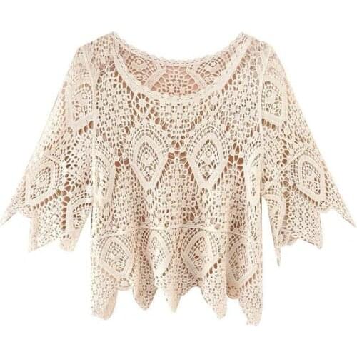 Dingaozlz Sexy renda bordada blusa de moda de Nova Mulheres Protetor Solar Praia tops Oco out camisa