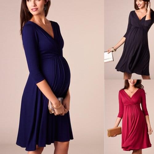 Home Suit Pleated Deep V Neck Fashion Party Evening Dress Pregnant Woman Cotton Maternity Breastfeeding WearMaternity Breastfee