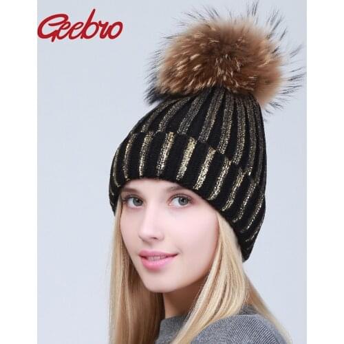 Geebro Winter Womens Beanies Hat Casual Warm Knitted Beanies With Real Fur Pom Pom Ladies Silver Metallic Color Skullies Hat