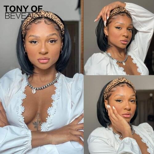 Short Straight Bob Headband Wigs for Black Women Machine Made Heat Resistant Natural Synthetic Wigs With Headband Fake Hair