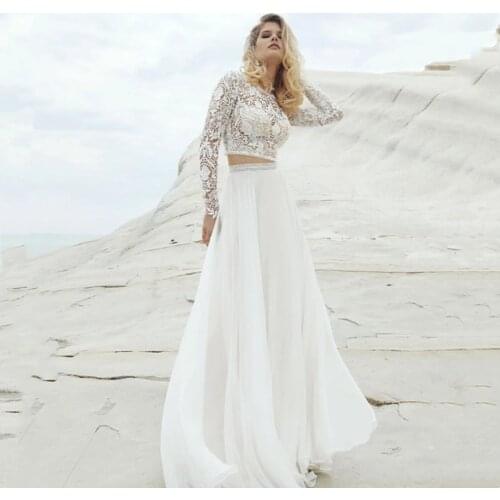 Charming Latest Ivory Lace Wedding Dresses Two Pieces Long Sleeves Wedding Gowns Jewel Neck Bridal Dress Full Length 2021