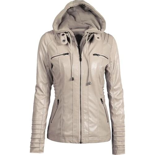 Ailegogo 7XL Size Women Hooded Pu Faux Leather Jackets Streetwear Motorcycle Hat Detachable Casual Leather Punk Outerwear