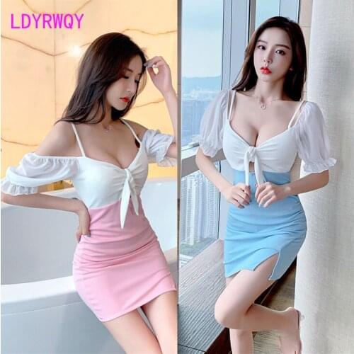 LDYRWQY 2021 summer hit color short-sleeved dress temperament self-cultivation sexy sling bow hollow bag hip