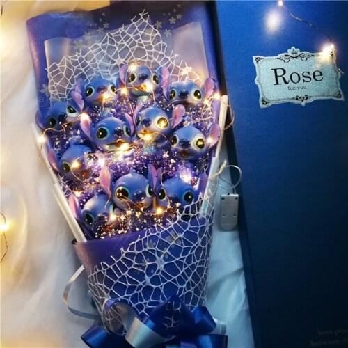 Lovely Cartoon Stitch Plush Toys Stitch Bouquet with Artificial Flowers Wishing Light Valentines Day Wedding Party Decoration